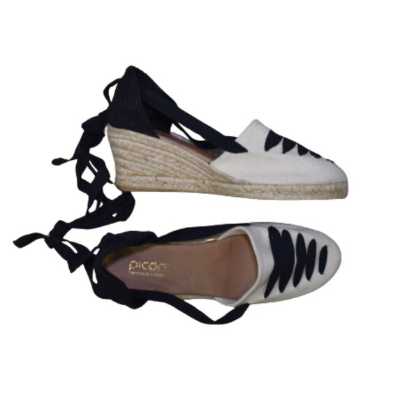 Picon Espadrilles Off White Black Wedge Sandals Sz 9.5 Closed Toe Handmade Spain - Picture 1 of 16